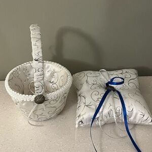 White and Silver Flower Girl basket and matching Ring Pillow